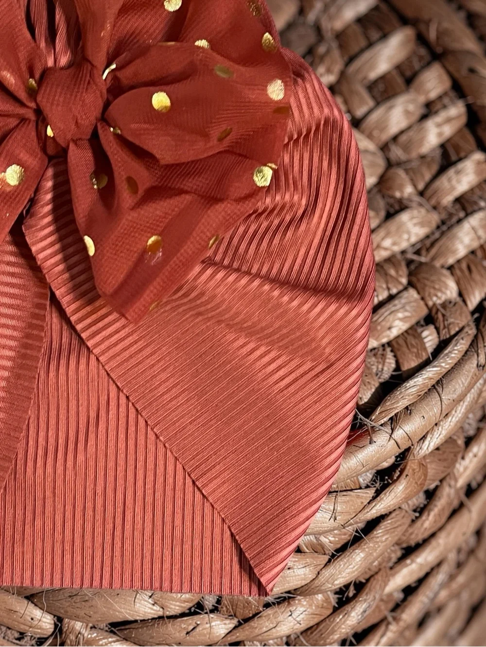 Gorgeous Terracotta/Rust Ribbed Infant Turban with Gold Polka Dot Tulle Bow